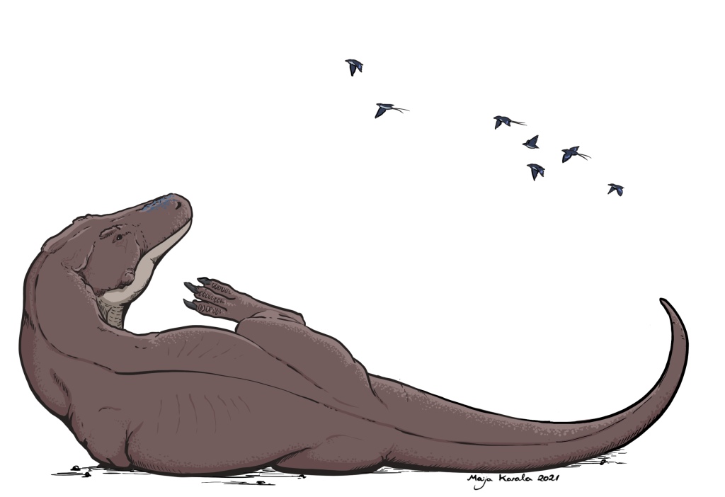 Illustration of Tyrannosaurus rex relaxing on the ground with small birds flying overhead.